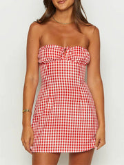 Robe moulante rétro à carreaux ajourée et à nouer