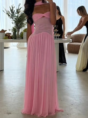 Robe longue bustier à ruban en résille asymétrique