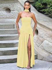 Robe longue bustier sans bretelles à fente dos nu et ruban
