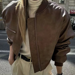 Manteau court rétro en coton PU et fermeture éclair