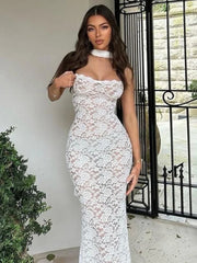 Robe longue bustier transparente à ruban de dentelle