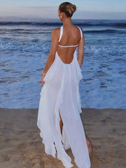 Robe midi à volants et franges en tulle, épaules dénudées