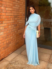 Robe longue plissée bleu châle en A