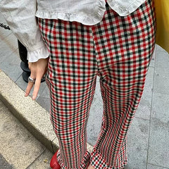 Pantalon décontracté évasé à carreaux et volants