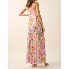 Robe de vacances bandeau fleurie fendue à volants