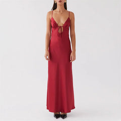 Robe midi unie à fines bretelles à nouer