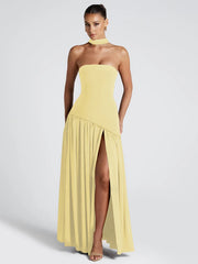 Robe longue bustier sans bretelles à fente dos nu et ruban