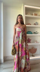 Robe bohème plissée imprimée sans bretelles à taille haute