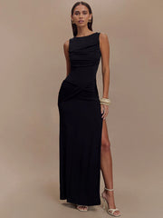 Robe longue moulante à col rond et fente froncée