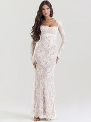 Robe moulante maxi à bretelles fines imprimée en dentelle