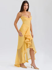 Robe longue moulante jaune à volants et drapée