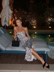 Robe de soirée fendue sans bretelles à imprimé zèbre