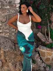 Robe de vacances à bretelles spaghetti et patchwork contrasté