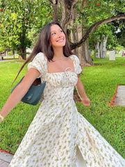 Robe maxi à manches bouffantes fendue et imprimé floral
