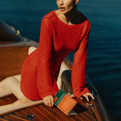 Robe de plage mini dos nu en maille ajourée