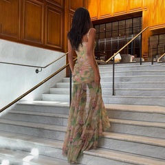 Robe longue fendue à bretelles spaghetti et imprimé floral