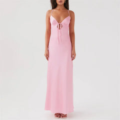 Robe midi unie à fines bretelles à nouer
