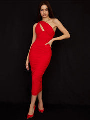 Robe midi moulante asymétrique froncée