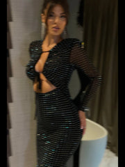Robe midi transparente à sequins et manches longues