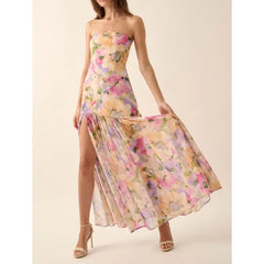 Robe de vacances bandeau fleurie fendue à volants