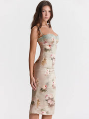 Robe de vacances moulante à bretelles spaghetti et imprimé dentelle