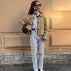 Manteau court décontracté en daim à revers contrastés