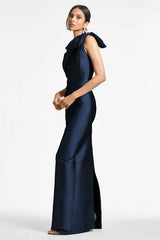 Robe de bal sirène élégante, longue et bleu marine foncé, avec nœud.