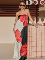 Robe de vacances bustier à imprimé floral et épaules dénudées, coupe trapèze