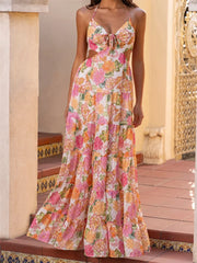 Robe longue à volants et col en V à fleurs