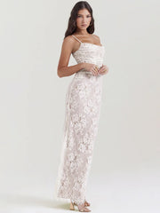 Robe moulante maxi à bretelles fines imprimée en dentelle