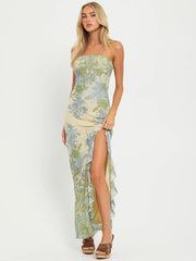 Robe de vacances bustier en maille fendue à volants