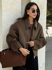 Manteau court en laine marron à fermeture éclair