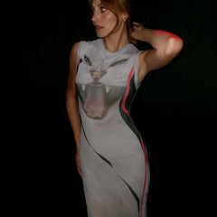 Robe de soirée fourreau à col rond imprimé animal