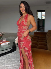 Robe de vacances moulante à volants et décolleté en V profond