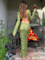 Robe longue dos nu à décolleté plongeant et fente en V ornée d'un ruban
