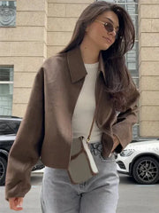 Manteau court en laine marron à fermeture éclair