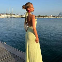 Robe maxi en maille à volants et lacets