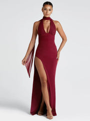 Robe longue moulante dos nu fendue en V profond
