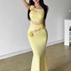 Robe midi jaune à découpes florales 3D