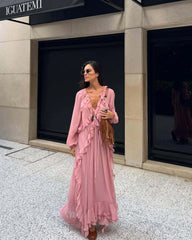 Robe longue maxi en mousseline à manches longues et volants