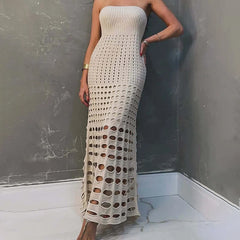 Robe longue bustier en maille ajourée