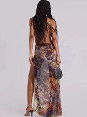 Robe longue fendue en maille imprimée esthétique