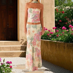 Ensemble deux pièces jupe moulante bustier à fleurs