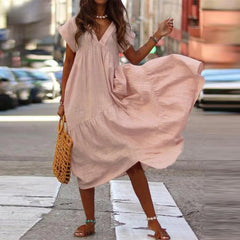 Robe bohème ample en coton et lin, col V, coupe oversize