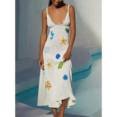 Robe de vacances à col V contrasté en maille étoile de mer