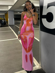 Robe longue imprimée dos nu à ceinture bandage