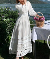 Robe bohème vintage en coton à col V et dentelle florale