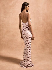 Robe longue à pois et bretelles roses
