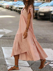 Robe bohème ample en coton et lin, col V, coupe oversize