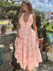 Robe de vacances sans manches à décolleté plongeant et dos nu, taille cintrée